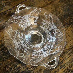 Vintage Cambridge Rose Point Clear Etched Glass Candy Dish with Handles